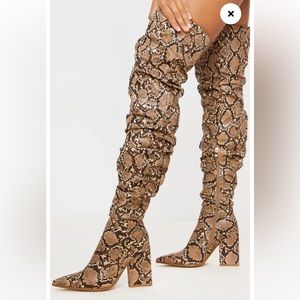 PrettyLittleThing PLT Brown Snake Ruched Thigh High Block Heel Boots 6